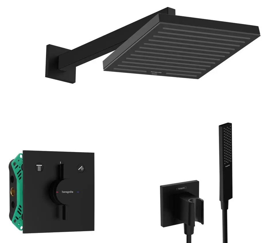 Hansgrohe - dušas komplekts ar zemapmetuma maisītāju, ar montāžas korpusu, 26x26 cm, matēti melns SANI21HHH401