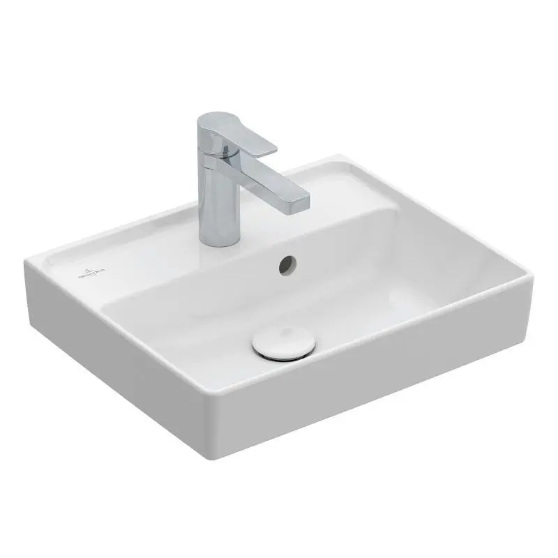 Villeroy & Boch Collaro - kompakta rokas izlietne, 45x37 cm, ar pārplūdi, ar jaucējkrāna caurumu, CeramicPlus, Alpu balts 433445R1