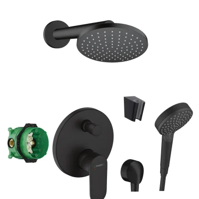 Hansgrohe - dušas komplekts ar zemapmetuma maisītāju, ar iebūvējamo daļu, diametrs 20 cm, 2 strūklas veidi, matēti melns SANI21HHH412