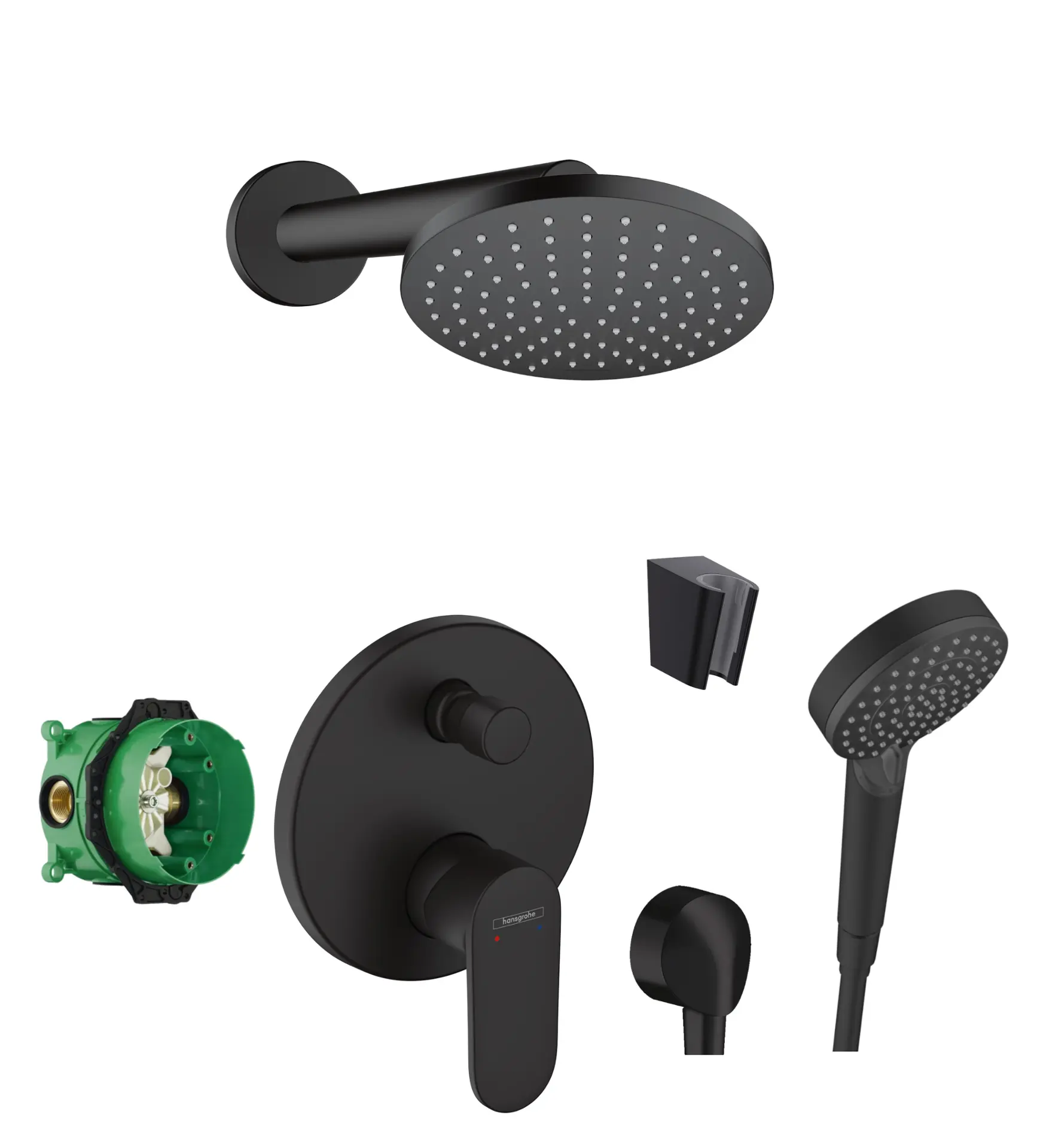 Hansgrohe - dušas komplekts ar zemapmetuma maisītāju, ar iebūvējamo daļu, diametrs 20 cm, 2 strūklas veidi, matēti melns SANI21HHH412