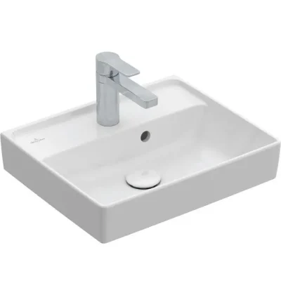Villeroy & Boch Collaro - rokas izlietne Compact, 45x22 cm, ar pārplūdi, ar jaucējkrāna caurumu, CeramicPlus, Stone White 433445RW