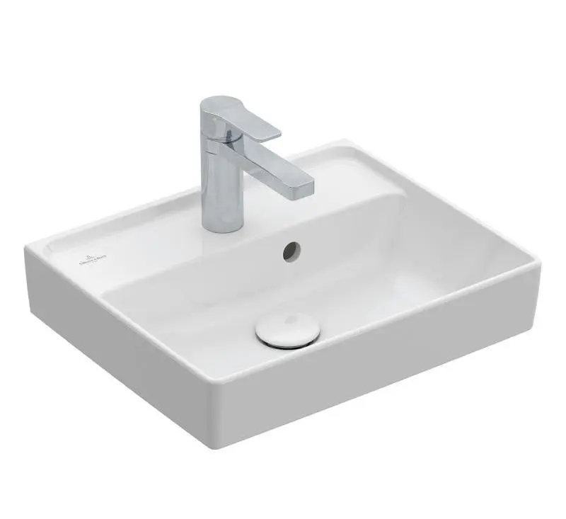 Villeroy & Boch Collaro - rokas izlietne Compact, 45x22 cm, ar pārplūdi, ar jaucējkrāna caurumu, CeramicPlus, Stone White 433445RW