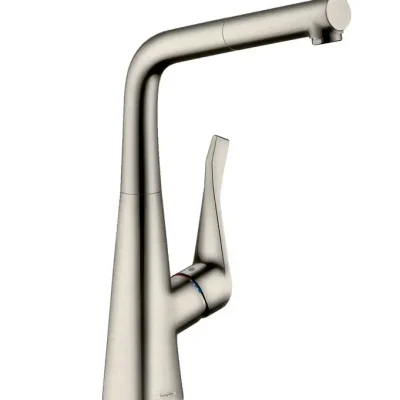 Hansgrohe Metris New - virtuves izlietnes vienas sviras maisītājs 320 ar izvelkamu izteku, nerūsējošā tērauda izskats 14821800