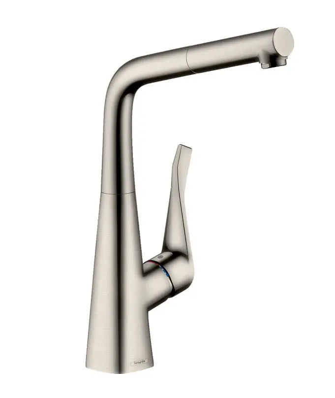 Hansgrohe Metris New - virtuves izlietnes vienas sviras maisītājs 320 ar izvelkamu izteku, nerūsējošā tērauda izskats 14821800