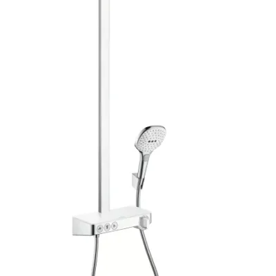 Hansgrohe Raindance Select E - dušas kolonna Showerpipe 300 ar termostata maisītāju ShowerTablet Select, EcoSmart 9 l/min, 3 strūklas, balts / hromēts 27127400