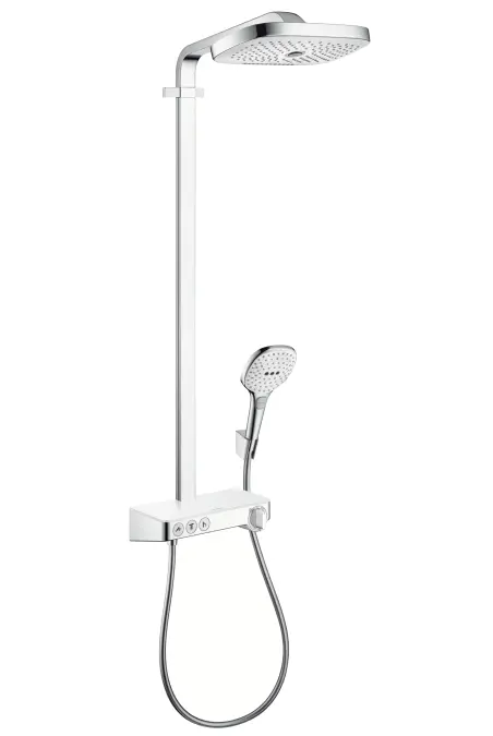 Hansgrohe Raindance Select E - dušas kolonna Showerpipe 300 ar termostata maisītāju ShowerTablet Select, EcoSmart 9 l/min, 3 strūklas, balts / hromēts 27127400