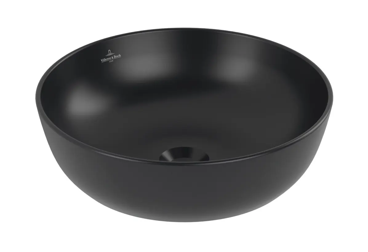 Villeroy & Boch Artis - uzliekamā izlietne, diametrs 43 cm, bez pārplūdes, bez cauruma jaucējkrānam, CeramicPlus, Pure Black 417943R7