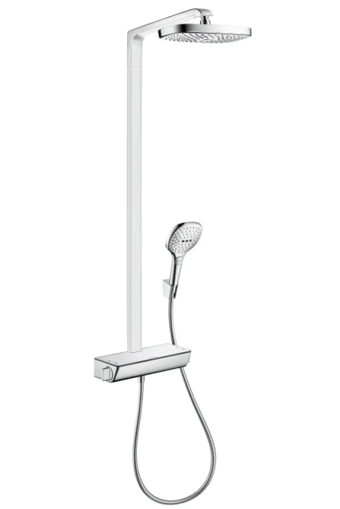Hansgrohe Raindance Select E - dušas sistēma Showerpipe 300 ar termostata maisītāju, EcoSmart 9 l/min, 2 strūklas, hromēta 27282000