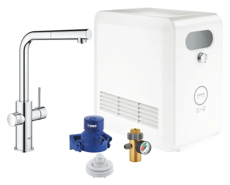 Grohe Blue Professional - Connected virtuves izlietnes maisītājs ar dzesēšanas iekārtu un ūdens filtru, izvelkama trauku duša, hromēts 31326002