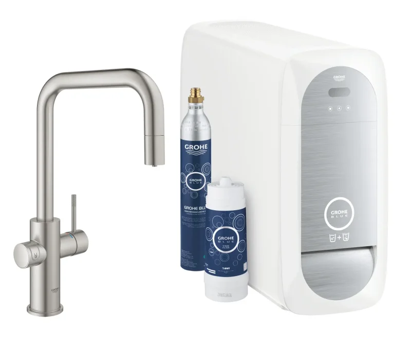 Grohe Blue Home - viedais virtuves izlietnes maisītājs, ar dzesēšanas iekārtu un ūdens filtru, SuperSteel 31543DC0