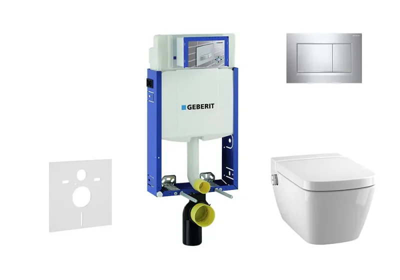 Geberit Kombifix - uzstādīšanas elements sienas WC ar vadības plati Sigma20, hroms spīdīgs/hroms matēts + Tece One - dušas WC un WC sēdeklis, bez apmales, SoftClose 110.302.00.5 NT6
