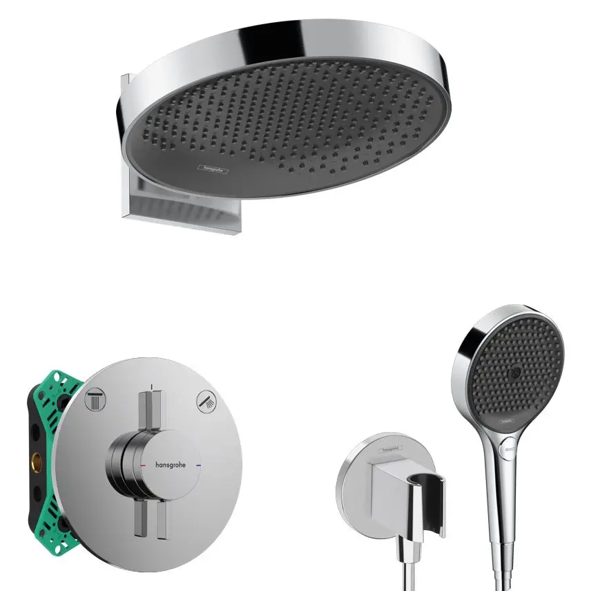 Hansgrohe - dušas komplekts ar zemapmetuma maisītāju, ar iebūves korpusu, diametrs 36 cm, 3 strūklas veidi, hroms SANI21HHH008