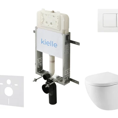 kielle Genesis New - komplekts priekšsienas uzstādīšanai, kompaktais WC Oudee, Vortex Rimless+, Softclose sēdeklis un vadības plate Gemini New III, spīdīgi balts 30528SZ43