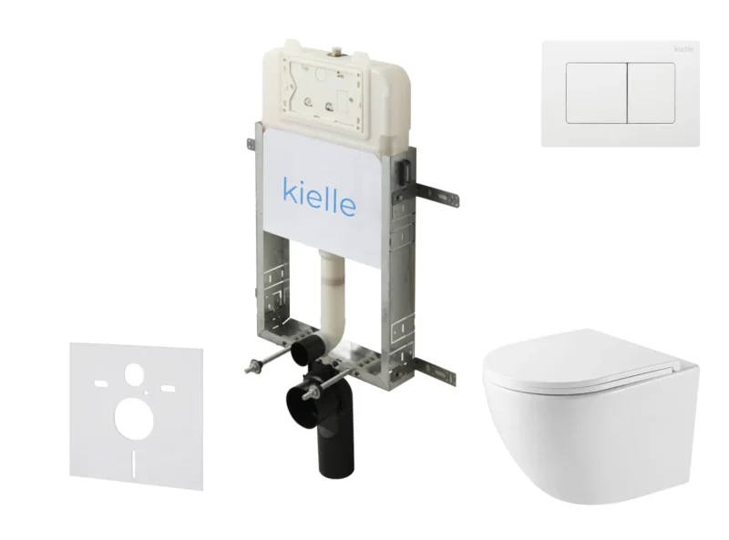 kielle Genesis New - komplekts priekšsienas uzstādīšanai, kompaktais WC Oudee, Vortex Rimless+, Softclose sēdeklis un vadības plate Gemini New III, spīdīgi balts 30528SZ43