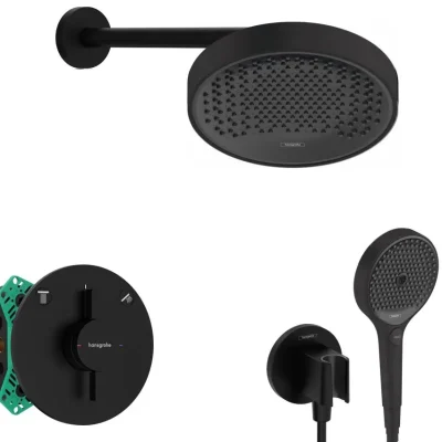Hansgrohe - dušas komplekts ar zemapmetuma maisītāju, ar montāžas korpusu, diametrs 25 cm, 3 strūklas veidi, melns matēts SANI21HHH404