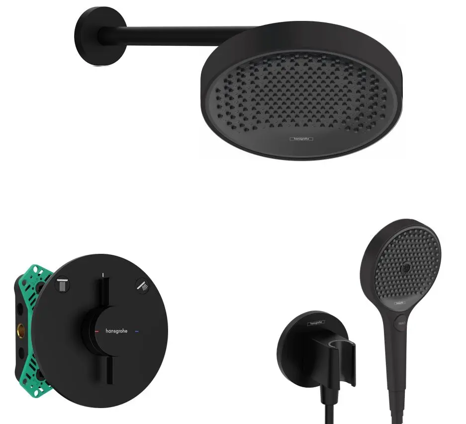 Hansgrohe - dušas komplekts ar zemapmetuma maisītāju, ar montāžas korpusu, diametrs 25 cm, 3 strūklas veidi, melns matēts SANI21HHH404