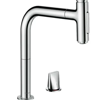 Hansgrohe M71 - virtuves izlietnes maisītājs M7120-H200 ar izvelkamu trauku dušu, 2 caurumu montāža, sBOX, hromēts 73818000