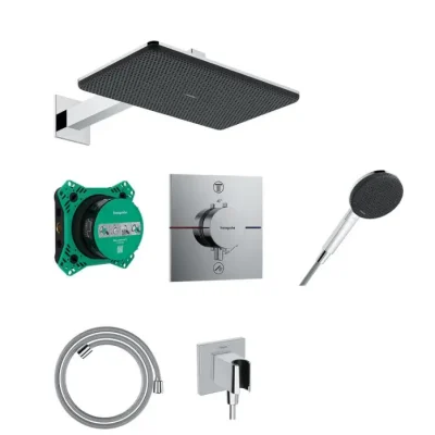 Hansgrohe Raindance Alive Q - dušas komplekts ar zemapmetuma termostatu, ar montāžas korpusu, 21x34 cm, 3 strūklas veidi, hroms 24620000