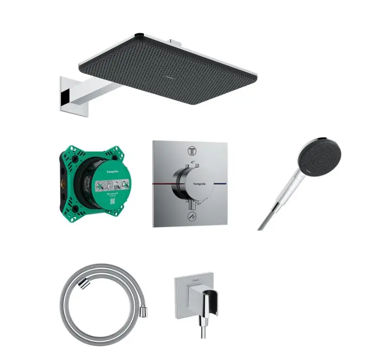 Hansgrohe Raindance Alive Q - dušas komplekts ar zemapmetuma termostatu, ar montāžas korpusu, 21x34 cm, 3 strūklas veidi, hroms 24620000