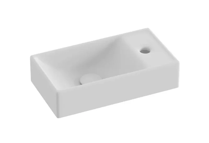 Ravak Veda - rokas izlietne 41x22 cm, bez pārplūdes, maisītāja caurums labajā pusē, matēti balta XJXPE240000