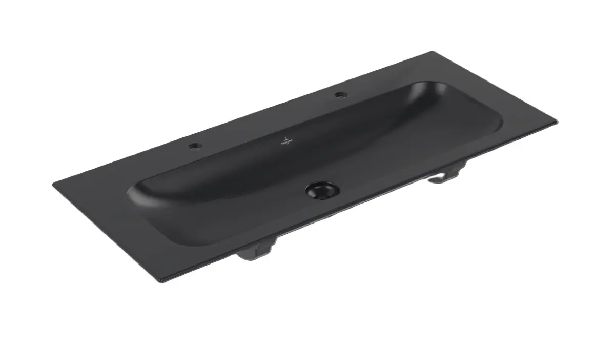 Villeroy & Boch Finion - dubultizlietne 120x50 cm, bez pārplūdes, 2 caurumi maisītājam, CeramicPlus, Pure Black 4164C1R7