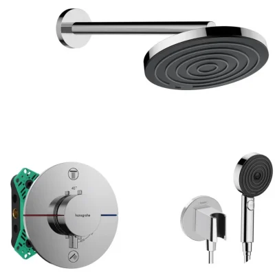 Hansgrohe - dušas komplekts ar zemapmetuma termostatu, ar montāžas korpusu, diametrs 26 cm, 3 strūklas veidi, hroms SANI21HHH002