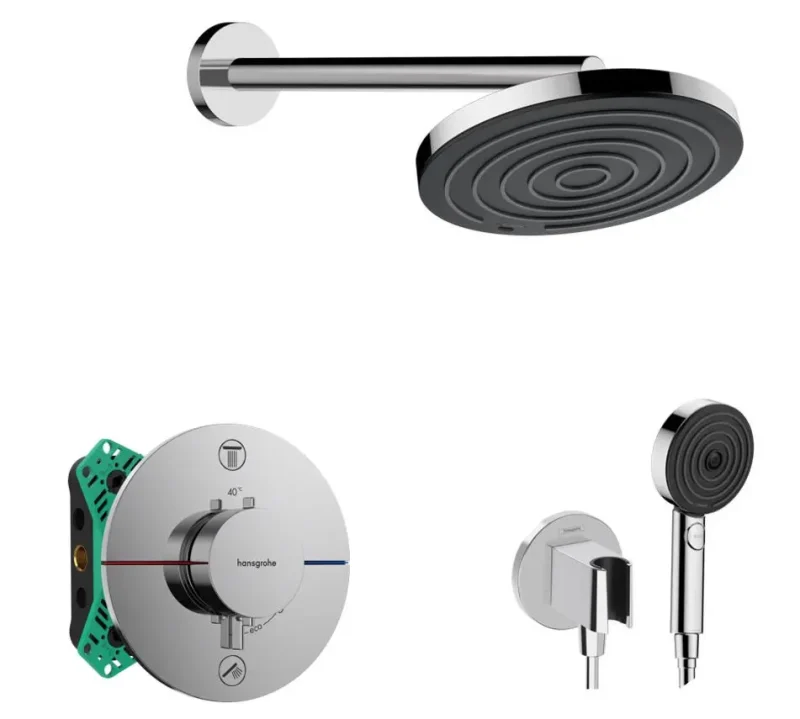 Hansgrohe - dušas komplekts ar zemapmetuma termostatu, ar montāžas korpusu, diametrs 26 cm, 3 strūklas veidi, hroms SANI21HHH002