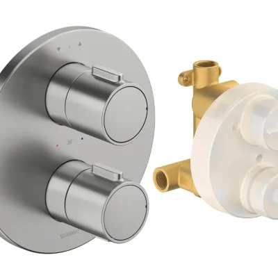 Duravit - termostatisks zemapmetuma maisītājs, 2 patērētājiem, ar pamatelementu, birstēts nerūsējošais tērauds TH4200008070