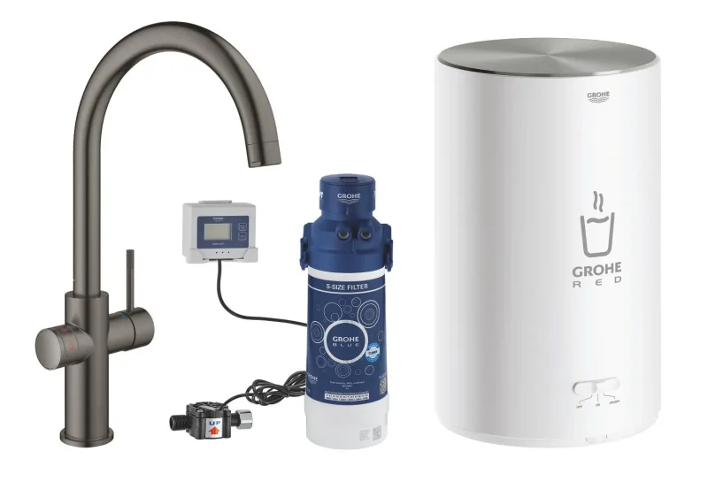 Grohe Red - virtuves izlietnes maisītājs Duo ar boileri un ūdens filtru, boilera izmērs M, Hard Graphite birstēts 30083AL1