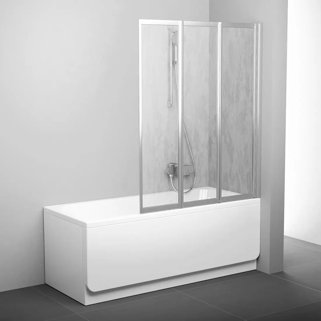 Ravak Supernova - Salokāms trīsdaļīgs vannas aizsargs VS3 115, 115x140 cm, satinēts/Rain 795S0U0041