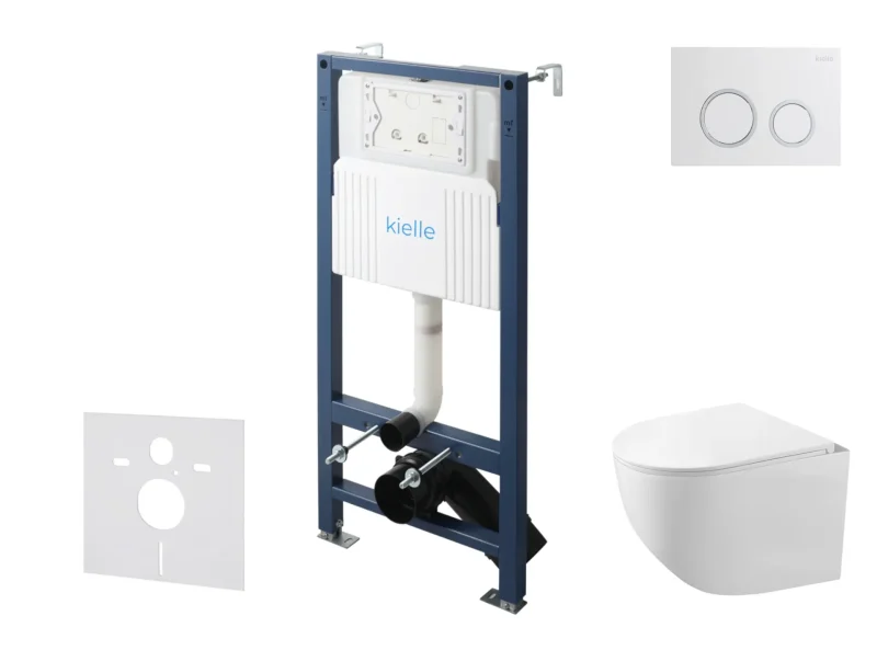kielle Genesis New - komplekts priekšsienas uzstādīšanai, kompaktais WC Gaia, Rimless, Softclose sēdeklis un vadības plate Gemini New II, spīdīgi balts 30528SS85