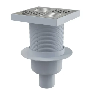 Alcadrain vannas notekas - taisns grīdas notekas elements 15x15 cm, diametrs 5 cm, ūdens smaku aizturētājs, nerūsējošais tērauds/plastmasa APV6411
