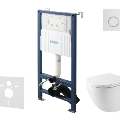 kielle Genesis New - komplekts priekšsienas uzstādīšanai, kompaktais WC Oudee, Vortex Rimless+, Softclose sēdeklis un vadības plate Gemini New III, spīdīgi balts/hroms 30528SS40