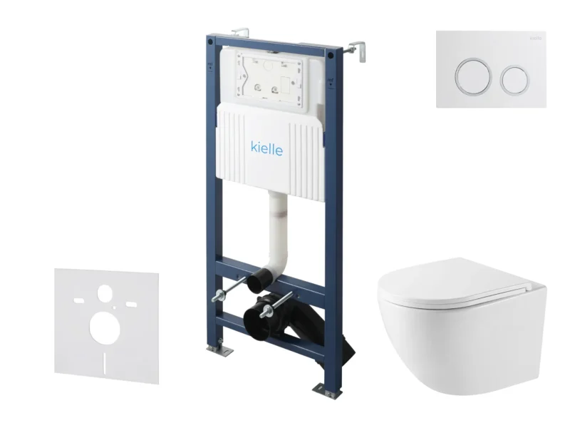 kielle Genesis New - komplekts priekšsienas uzstādīšanai, kompaktais WC Oudee, Vortex Rimless+, Softclose sēdeklis un vadības plate Gemini New III, spīdīgi balts/hroms 30528SS40