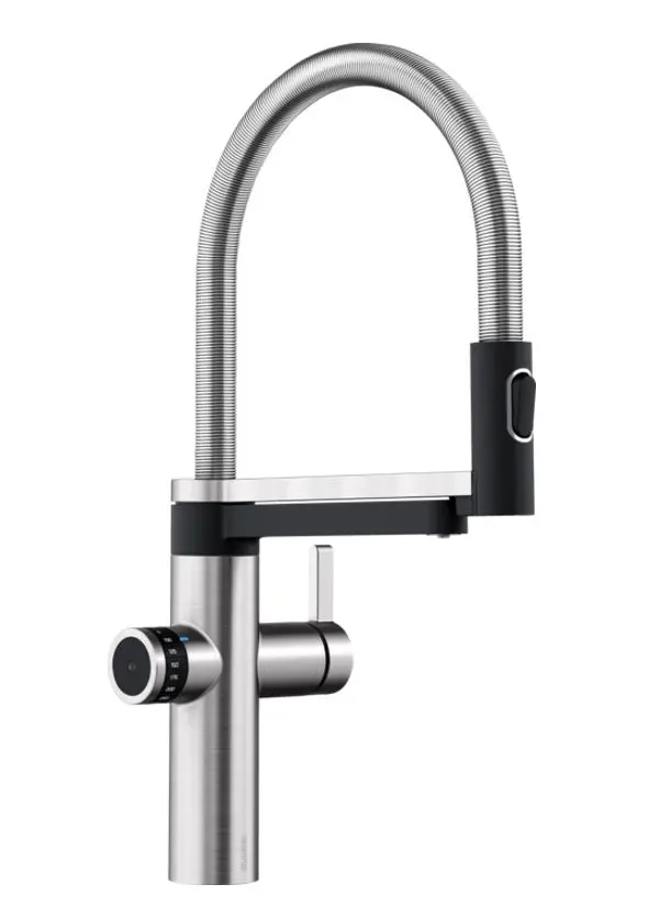 Blanco EVOL-S Pro - virtuves izlietnes maisītājs ar elastīgu roku, skalošanas dušu un filtra funkciju, tērauds/melns 526311