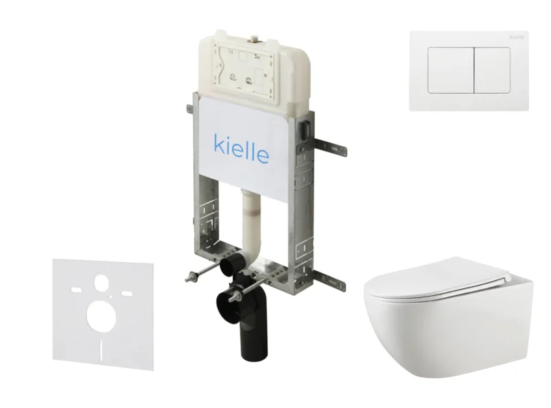 kielle Genesis New - komplekts ar priekšsienas montāžu, WC Gaia, Rimless, Softclose sēdeklis un vadības plate Gemini New III, spīdīgi balts 30528SZ16