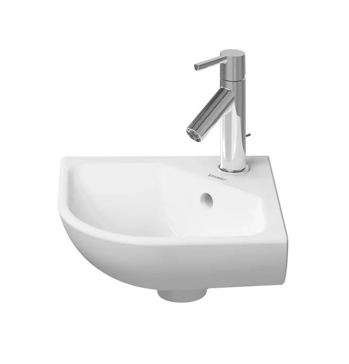 Duravit ME by Starck - stūra roku mazgājamā izlietne 44 x 38 cm, ar pārplūdi, krāna caurumu, DuraShield, balta 072243AA00