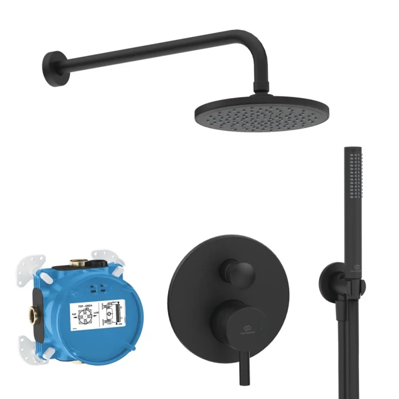 Ideal Standard CeraLine - dušas komplekts ar zemapmetuma maisītāju, ar montāžas korpusu, diametrs 20 cm, matēti melns BD193XG