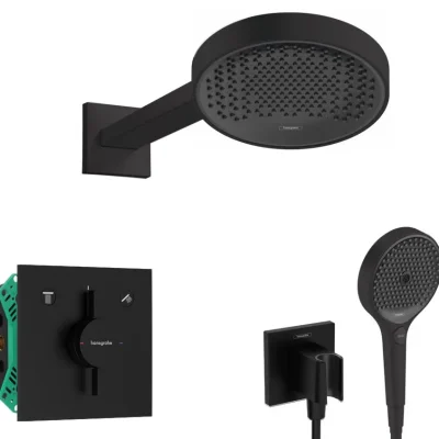 Hansgrohe - dušas komplekts ar zemapmetuma maisītāju, ar montāžas korpusu, diametrs 25 cm, 3 strūklas veidi, matēti melns SANI21HHH405