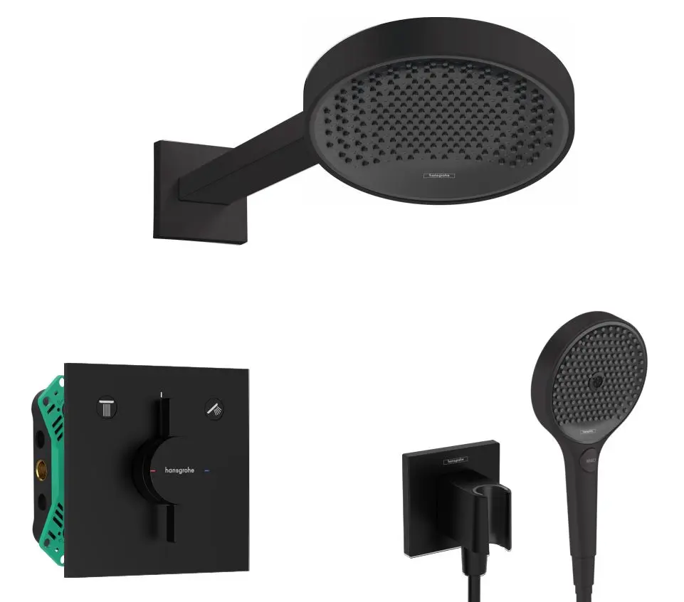 Hansgrohe - dušas komplekts ar zemapmetuma maisītāju, ar montāžas korpusu, diametrs 25 cm, 3 strūklas veidi, matēti melns SANI21HHH405