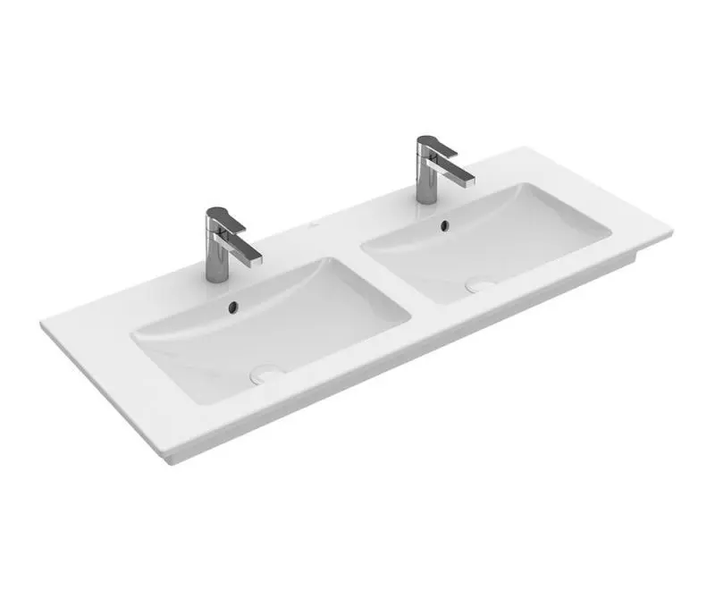 Villeroy & Boch Venticello - dubultā mēbeļu izlietne 130x50 cm, ar pārplūdi, 2 jaucējkrāna caurumiem, CeramicPlus, Alpu balts 4111DLR1