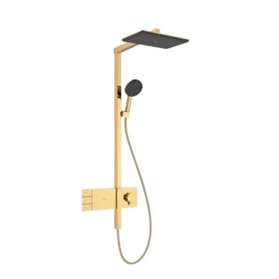 Hansgrohe Raindance Alive Q - dušas komplekts ar termostatu, 21x34 cm, 3 strūklas veidi, pulēta zelta apdare 24590990