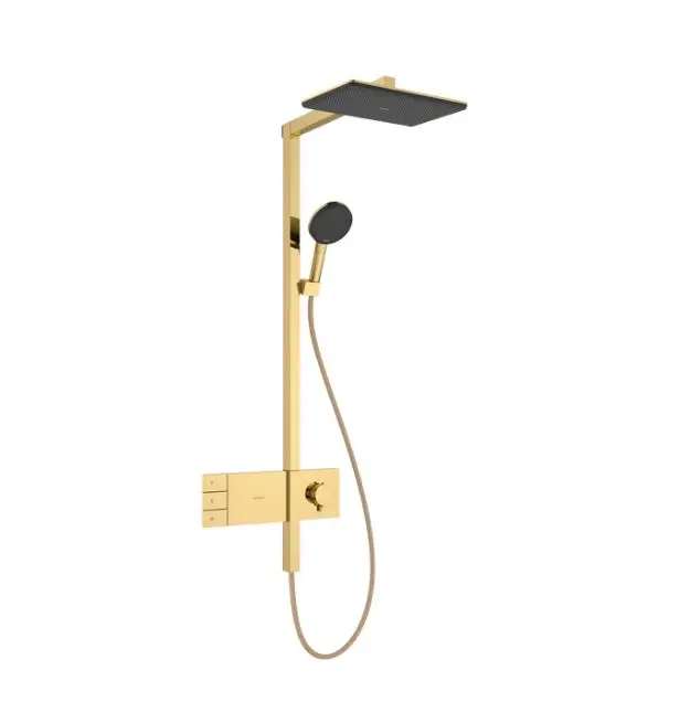 Hansgrohe Raindance Alive Q - dušas komplekts ar termostatu, 21x34 cm, 3 strūklas veidi, pulēta zelta apdare 24590990