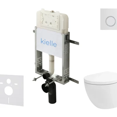 kielle Genesis New - komplekts ar priekšsienas montāžu, WC Oudee, Vortex Rimless+, Softclose sēdeklis un vadības poga Gemini New II, spīdīgi balts/hroms 30528SZ22