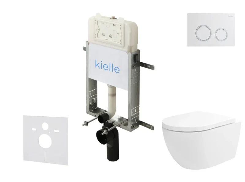 kielle Genesis New - komplekts ar priekšsienas montāžu, WC Oudee, Vortex Rimless+, Softclose sēdeklis un vadības poga Gemini New II, spīdīgi balts/hroms 30528SZ22