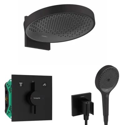 Hansgrohe - dušas komplekts ar zemapmetuma maisītāju, ar montāžas korpusu, diametrs 36 cm, 3 strūklas veidi, matēti melns SANI21HHH409