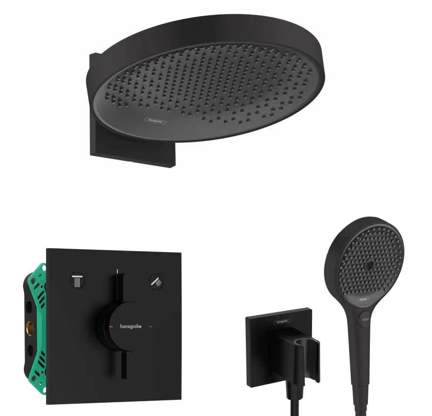 Hansgrohe - dušas komplekts ar zemapmetuma maisītāju, ar montāžas korpusu, diametrs 36 cm, 3 strūklas veidi, matēti melns SANI21HHH409