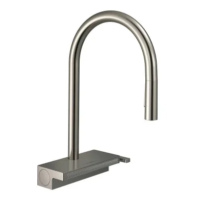 Hansgrohe M81 - virtuves izlietnes maisītājs Aquno Select, ar izvelkamu izteku un plakanu dušas strūklu, nerūsējošais tērauds 73837800