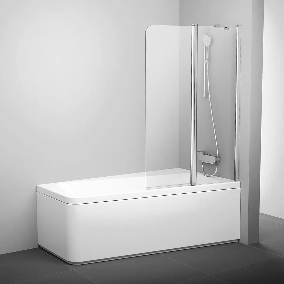 Ravak 10° - divdaļīgs vannas aizsargs 10CVS2, labais, 99x150 cm, alumīnijs spīdīgs/stikls caurspīdīgs 7QRA0C03Z1
