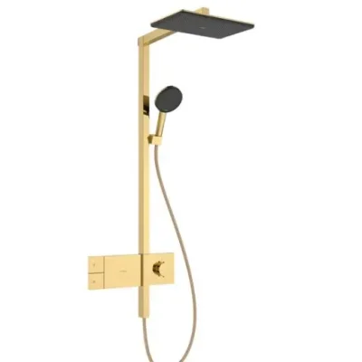 Hansgrohe Raindance Alive Q - dušas komplekts ar termostatu, 21x34 cm, 3 strūklas veidi, EcoSmart, pulēta zelta izskats 24581990
